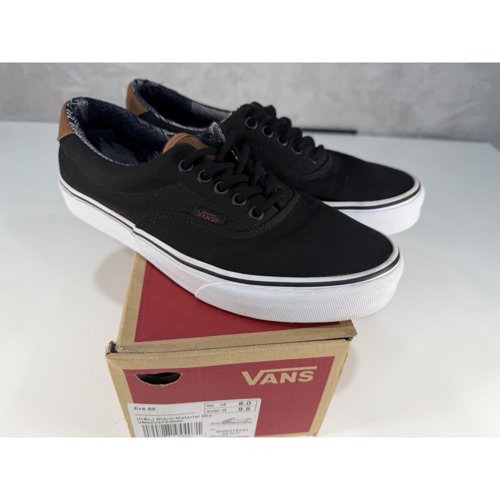 Vans Era 59 Black Canvas Brown Leather Trim Sneakers Men's 8 Women's 9.5 Casual